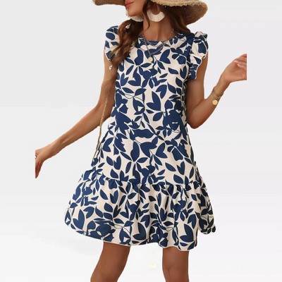 Womens Summer Sleeveless A Line Mini Shift Dress Floral Sundress with Back Keyhole Ruffle Shoulder Round Neck Dress with Gathered Hem
