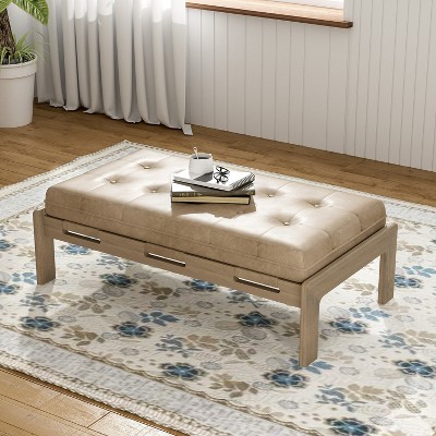 Taupe Brown Faux Leather Tufted Cocktail Ottoman with Rubberwood Base