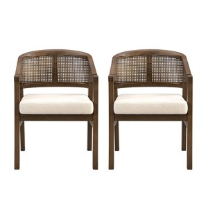 Christopher Knight Home Set of 2 Emery Rubberwood Upholstered Dining Chairs with Cane Designed Curved Back Walnut/Beige - 1 of 4