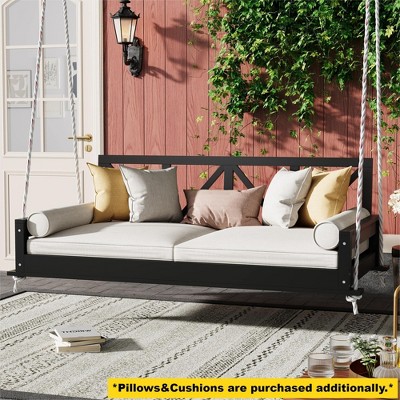 Whisen Twin Size Acacia Wood Modern Patio Swing Bed with Hemp Ropes - Black