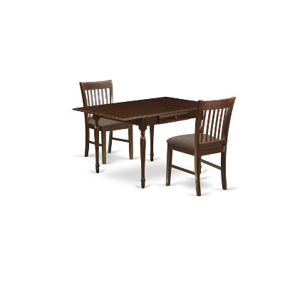 East West Furniture PSNA3-SBR-C 3 PcRectangular Kitchen Table having 12in Leaf and 2Fabric Dinette Chairs in Saddle Brown .