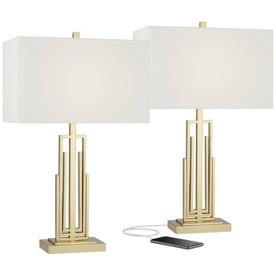 360 Lighting Sonia Modern Table Lamps 29 1/2" Tall Set of 2 Gold Metal with Dual USB Charging Ports White Rectangular Shade for Bedroom Living Room