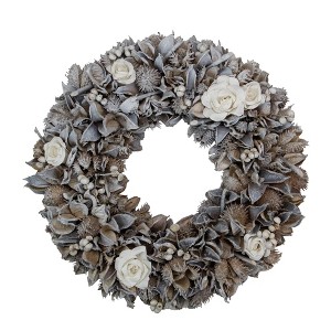 Northlight White Rose and Winter Botanicals Artificial Christmas Wreath, 13.5-Inch, Unlit - 1 of 3