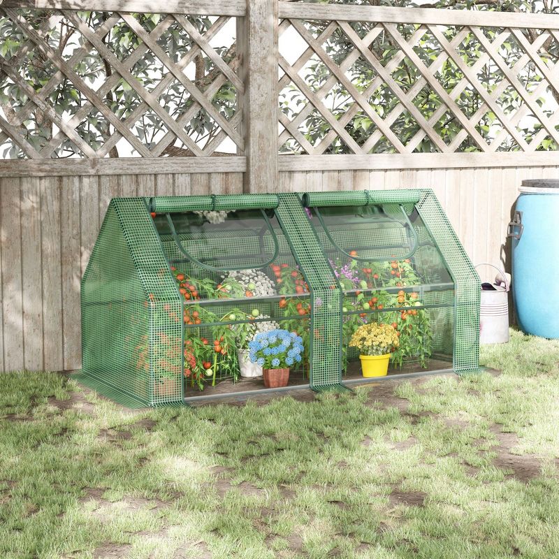 Outsunny 6' x 3' x 3' Portable Greenhouse, Garden Hot House with Two PE/PVC Covers, Steel Frame and 2 Roll Up Windows, Green, 2 of 7