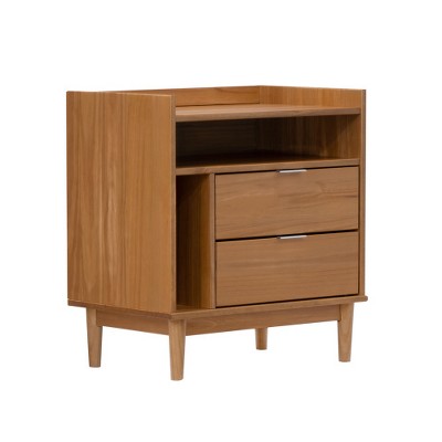 TIRAMISUBEST MCM Nightstand - 2-Drawer Bedside Table w/ Tray Top, Solid Pine, Caramel (16"W)