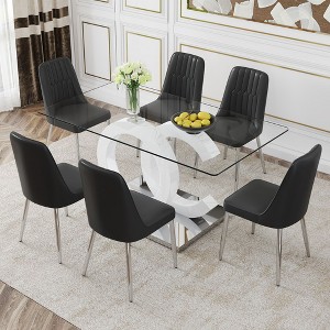 NicBex Dining Table Set for 6 Kitchen Table Rectangular Transprant Tempered Glass Dining Tabletop with 6 PU Chairs, Black - 1 of 4