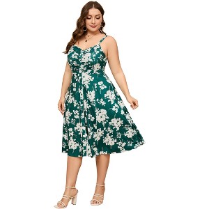 Womens Plus Size Summer Dress V Neck Floral Spaghetti Strap Sundress Button Down Pleated Swing Boho Midi Dress - 1 of 4