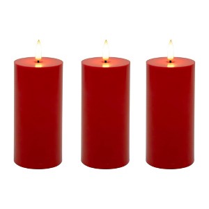 Lumabase 3ct Battery Operated 3D Wick Pillar Candles Red - 1 of 4