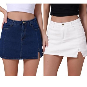 INSPIRE CHIC Women's Jean Side Slit High Waisted A-Line Stretch Mini Denim Skirts 2 Packs - 1 of 4