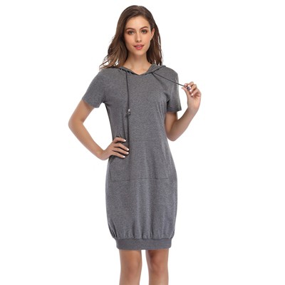 Womens Sheath Dress Hooded Sweatshirts Dress with Front Pocket Short Sleeve Bodycon Mini Dress