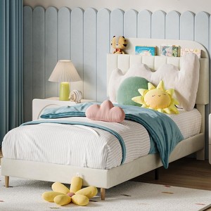 Full Bed Frame, Upholstered Velvet Platform Bed with Bookcase Headboard, Mattress Foundation, Heavy Duty Steel Support Legs - 1 of 4