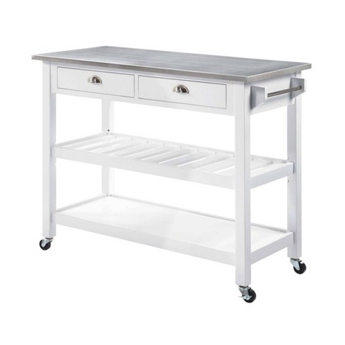 French Country 3 Tier Butcher Block Kitchen Cart with Drawers, Butcher Block/White