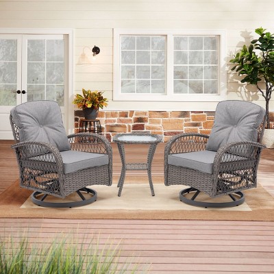 3-Piece Wicker Patio Conversation Set, 360° Rocking Patio Conversation Set With Thick Cushions And Glass Coffee Table For Backyard–Cuddlewood