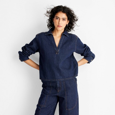 Women's Long Sleeve Popover Denim Top - Future Collective Dark Wash - image 1 of 3