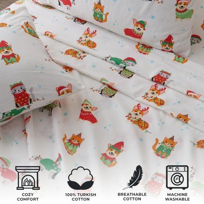 Queen Size Dog Cat Christmas Cotton Flannel Sheet Set