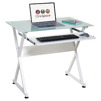 Ultramodern Glass Computer Desk, Pull-Out Keyboard, Steel Frame - OneSpace