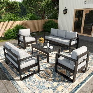 LayinSun 5 Pieces Aluminum Outdoor Patio Furniture Set, Metal Modern Conversation Sofa Set with Coffee Table and Washable Thick Cushions - 1 of 4