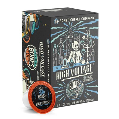 Bones Coffee Company High Voltage High Caffeine 12ct Single-Serve Bones Cups Coffee Pods Compatible with Keurig Coffee Maker