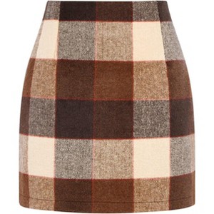 Women's High Waist Plaid Skirt - Wool Blend Bodycon Pencil Mini Skirt Dark Brown - 1 of 4