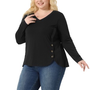 Agnes Orinda Women's Plus Size Long Sleeve V Neck Loose Fashion Buttons Tunic Blouse - 1 of 4