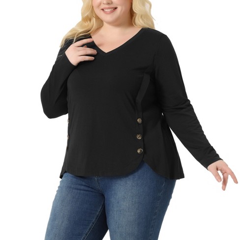 Agnes Orinda Women's Plus Size V Neck Long Sleeve Twist Knot Top