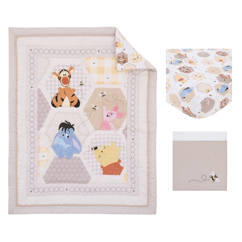Disney Winnie the Pooh Hugs and Honeycombs Grey, White, and Tan Patchwork with Piglet, Tigger and Eeyore 3 Piece Crib Bedding Set, 5 of 9