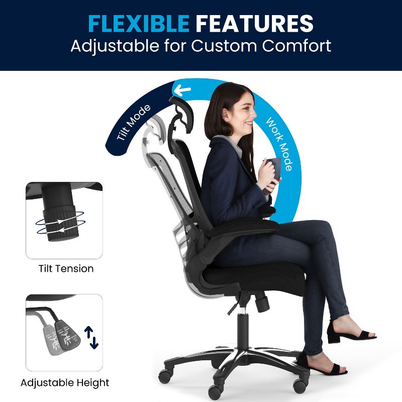 Flash Furniture Kelista High-Back Black Mesh Swivel Ergonomic Executive Office Chair with Flip-Up Arms and Adjustable Headrest, 6 of 19