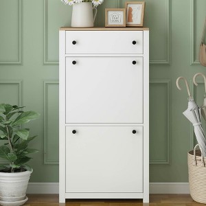 MAYEERTY Functional Entryway Shoe Cabinet, 2 Flip Drawers Wood Grain Top Adjustable Panel, White - 1 of 4