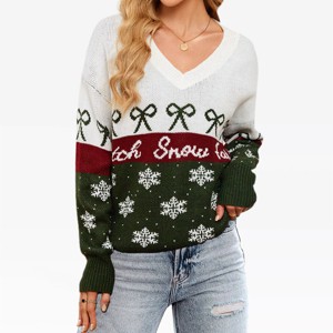 Christmas Sweater for Women Snowflakes Jacquard Color Block V Neck Sweater for Layering Style Outfits Winter Cozy Sweater, Green - S - 1 of 4