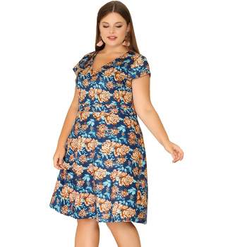 Agnes Orinda Women's Plus Size Regular Fit Deep V Neck Above Knee Cap Sleeve Floral Dress
