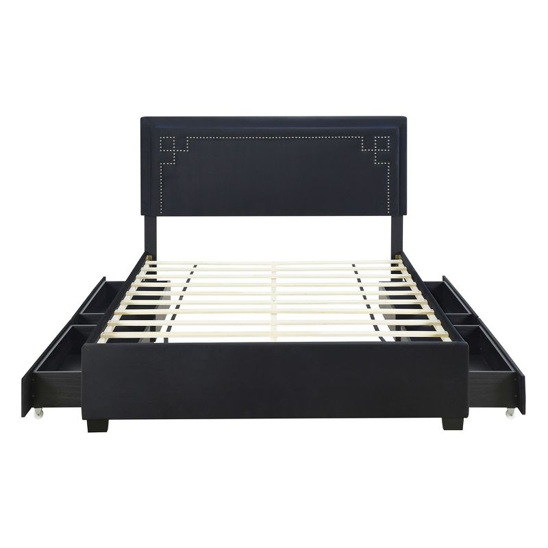 Queen Size Upholstered Platform Bed with Rivet-Decorated Headboard, LED Light and 4 Drawers - ModernLuxe, 5 of 13