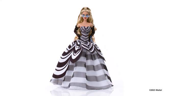 Barbie Signature 65th Blue Sapphire Anniversary Fashion Doll with Blonde Hair, Black and White Gown, 2 of 8, play video
