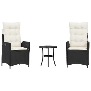 vidaXL 3Pc Black Poly Rattan Bistro Set with Cushions - Adjustable Reclining Patio Chairs, Washable Covers, Modern Outdoor Garden Furniture - 1 of 4