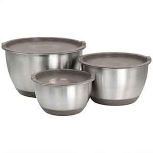 Gibson 3 Piece Stainless Steel Mixing Bowl Set with Lids in Taupe - 1 of 4