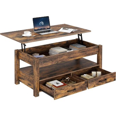 Living Lift Top Coffee Table with Drawers and Hidden Compartment, Retro Central Table with Wooden Lift Tabletop
