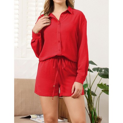 Women's Casual 2 Piece Lounge Set with Long Sleeve Button Down Shirt and High Waist Drawstring Shorts