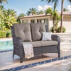 Buenhomino Outdoor Patio Couch Wicker Sofa Loveseat- 2 Seater Rattan Sofa for Outside Patio Garden with Deep Seating and Olefin Cushions - 1 of 4