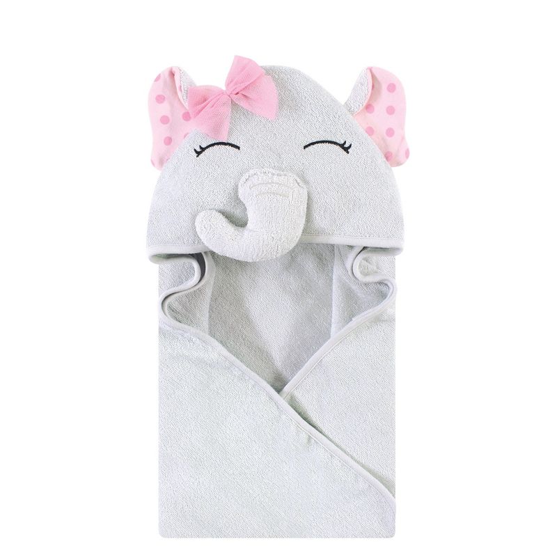 Hudson Baby Infant Girl Cotton Rich Animal Face Hooded Towel, Pink Dots Pretty Elephant, One Size, 1 of 4