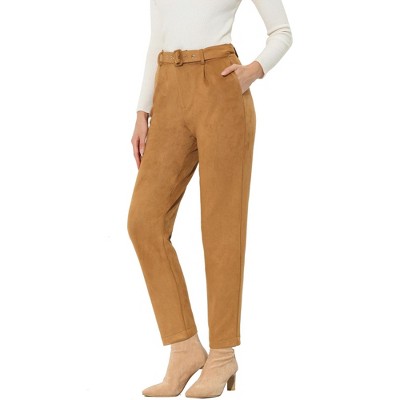 Allegra K Women's Casual Faux Suede High Waist Belted Straight Legs Pants