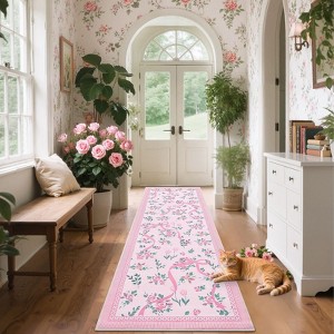 Washable Modern Floral Cute Bow Rug Non Slip Low Pile Rug Soft Contemporary Throw Floor Cover Foldable Indoor Carpet for Living Room Bedroom Nursery - 1 of 4