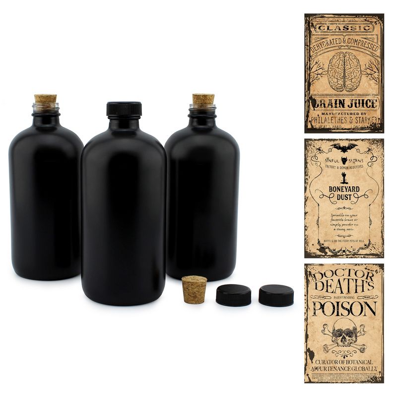 Cornucopia Brands Black 16oz Glass Apothecary Bottles 3pk; w/ Designer Labels for Aromatherapy, DIY, Herbals, 1 of 9