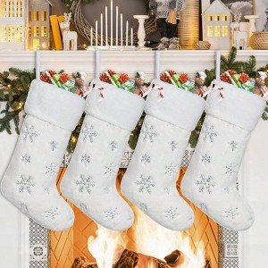 4 Pack Stockings 20 Inch White Faux Xmas Stockings with Silver Sequin Snowflakes Soft Thick Plush Holiday Decoration - 1 of 4