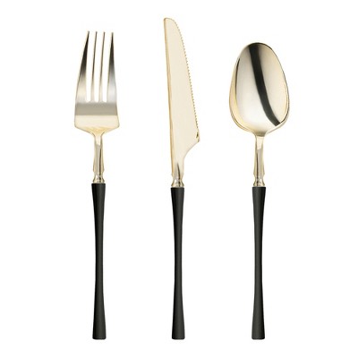 Smarty Had A Party Gold w/ Black Handle Moderno Plastic Cutlery Set - 240 Guests