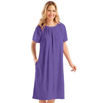 Collections Etc Solid Color Comfort Fit Short-Sleeve Terry Cotton Summer Dress with Side Pockets and Elastic Scooped Neckline