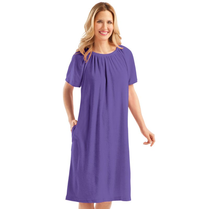 Collections Etc Solid Color Comfort Fit Short-Sleeve Terry Cotton Summer Dress with Side Pockets and Elastic Scooped Neckline, 1 of 4