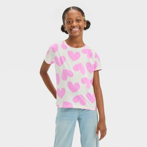 Girls Short Sleeve Heart T shirt Cat Jack Cream lavender M Target