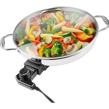 Electric Skillet By Cucina Pro - 18/10 Stainless Steel Frying Pan with Tempered Glass Lid and Handles, 12" Round, Adjustable Temperature Control Knob