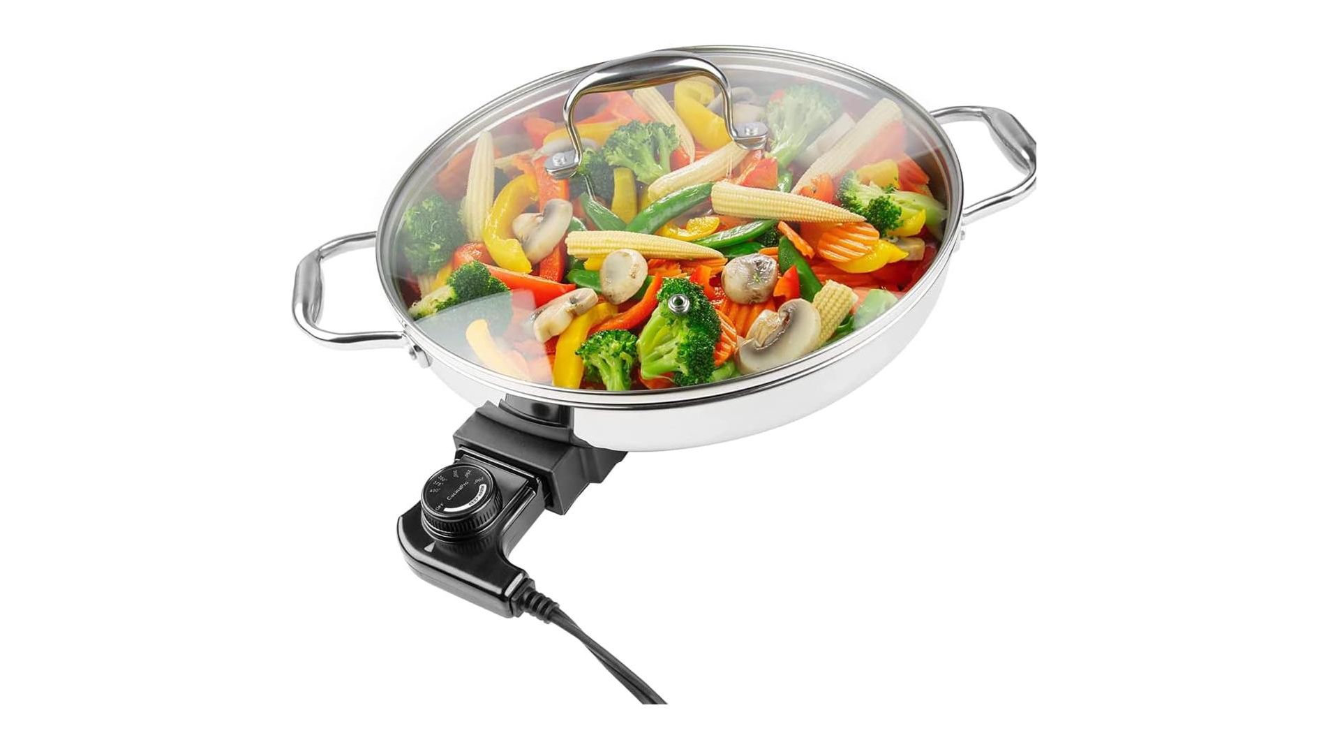 CucinaPro XL Electric 12" Skillet- 18/10 Stainless Steel Frying Pan w Lid and Handle, Round - Includes Recipe Guide- Great Gift for Cooks