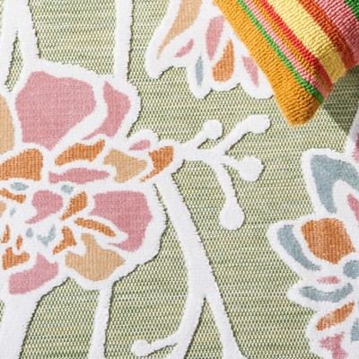 Green and Pink Floral Synthetic Indoor/Outdoor Area Rug