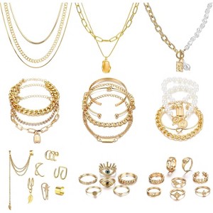 Gold Plated Jewelry Set for Women, 14K Layered Necklace Stackable Bracelets Rings & Earrings - 1 of 4